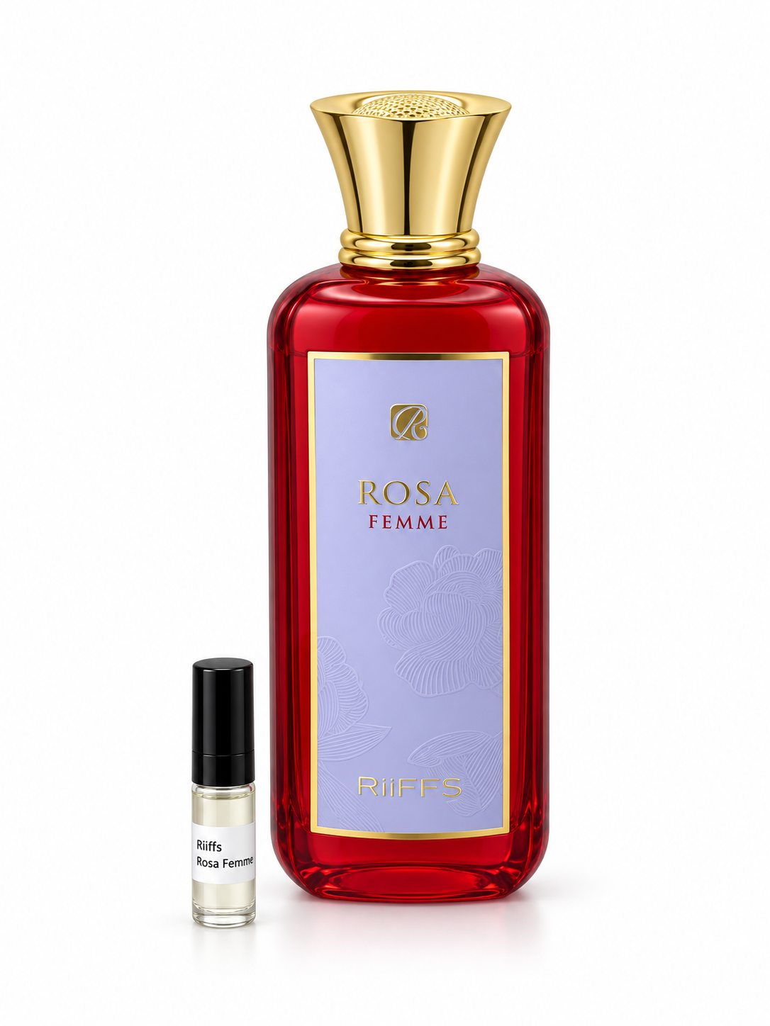 Riiffs Rosa Femme fragrance bottle and black-capped sample vial on white