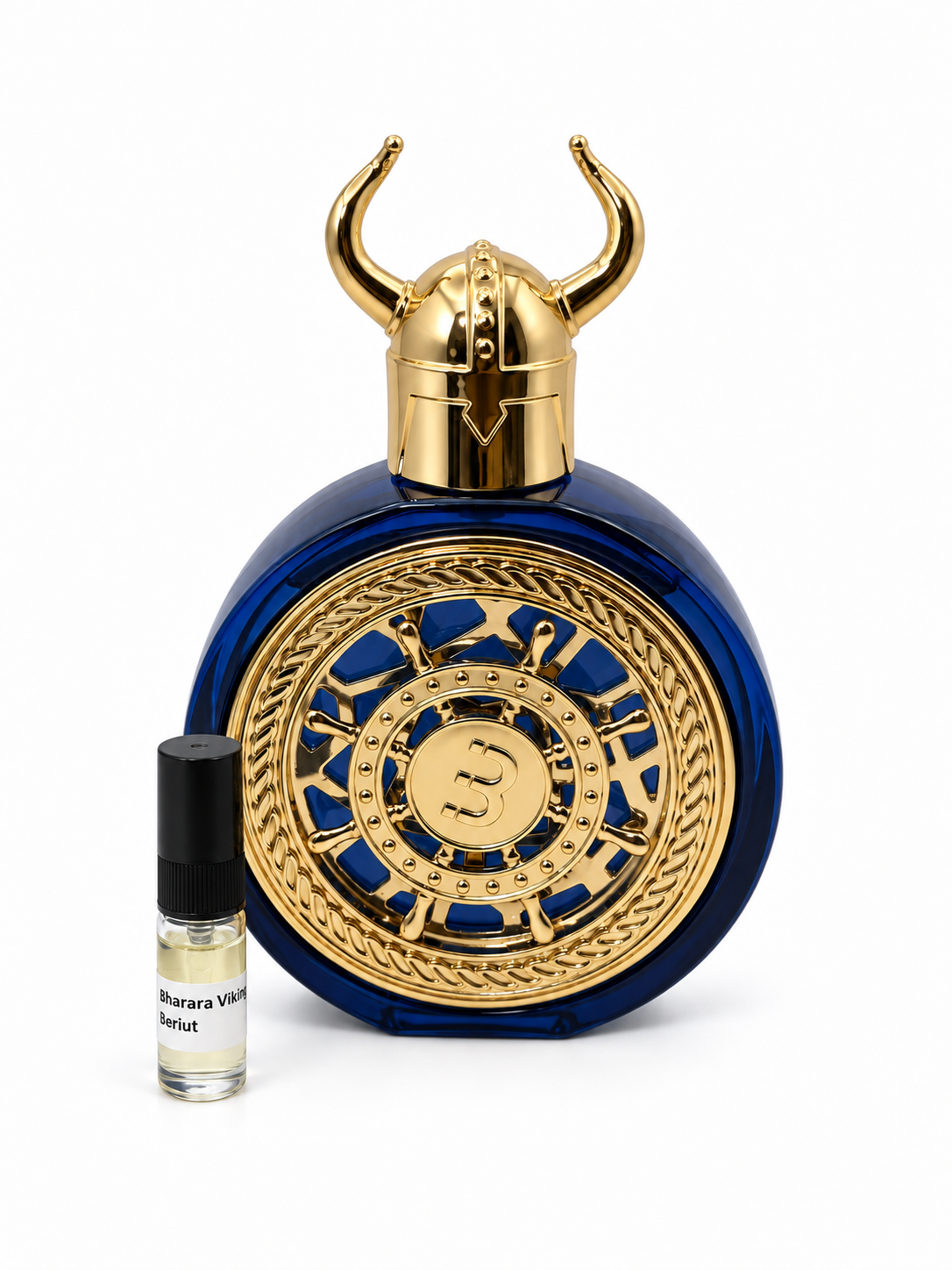 Bharara Viking Beriut fragrance bottle and black-capped sample vial on white