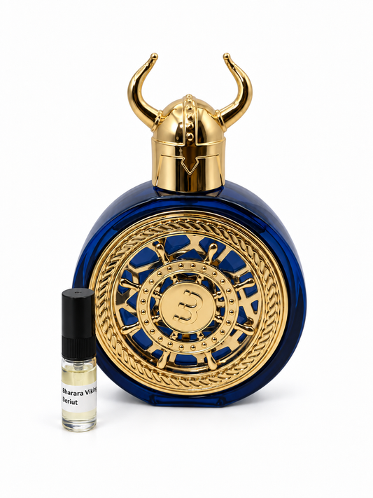 Bharara Viking Beriut fragrance bottle and black-capped sample vial on white