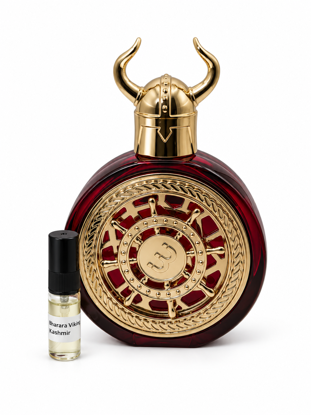 Bharara Viking Kashmir fragrance bottle and black-capped sample vial on white