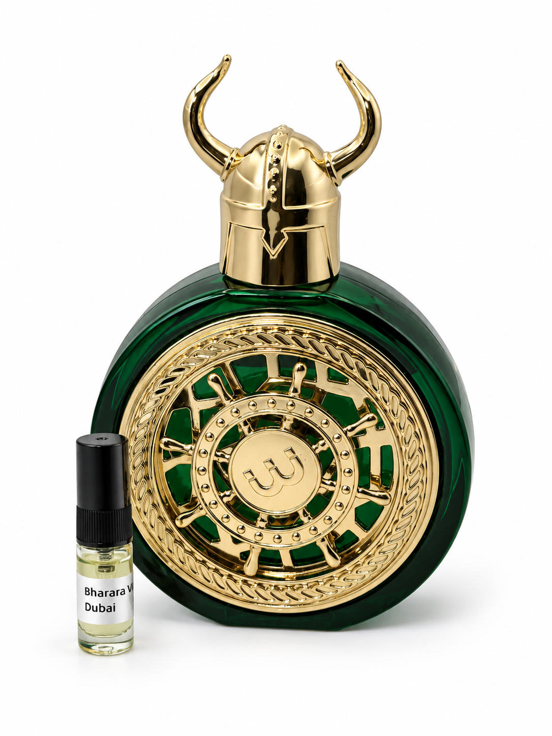 Bharara Viking Dubai fragrance bottle and black-capped sample vial on white