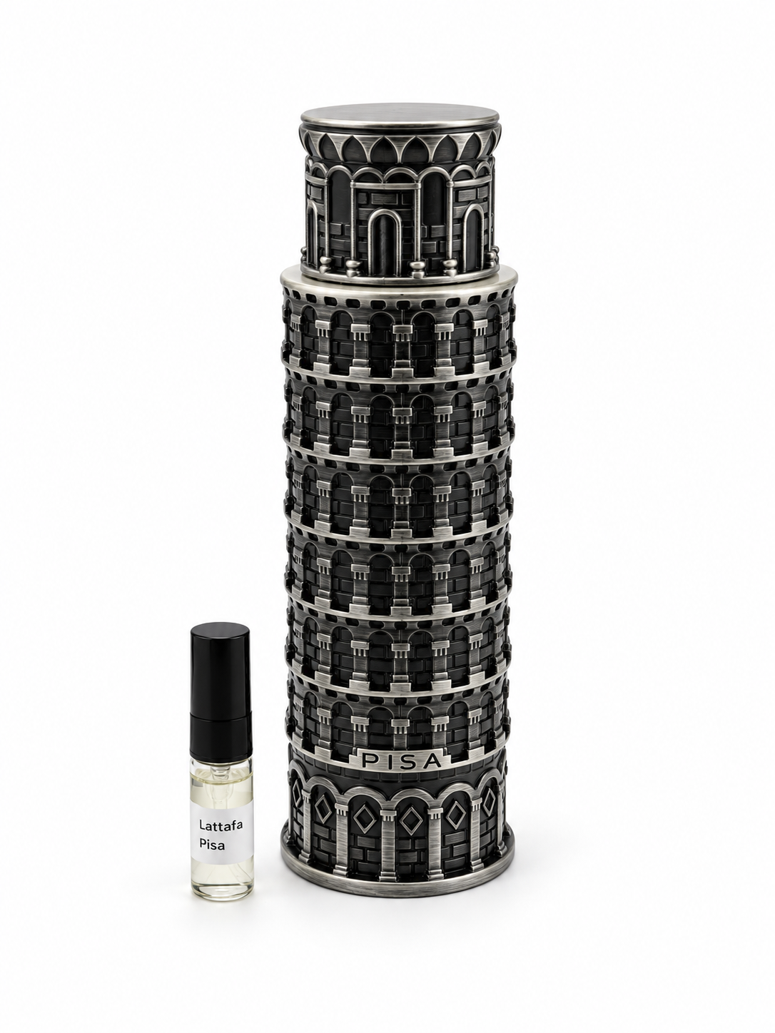 Lattafa Pisa fragrance bottle and black-capped sample vial on white