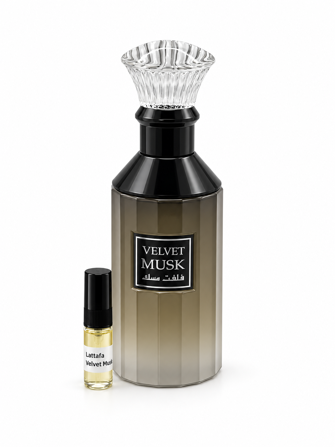 Lattafa Velvet musk fragrance bottle and black-capped sample vial on white