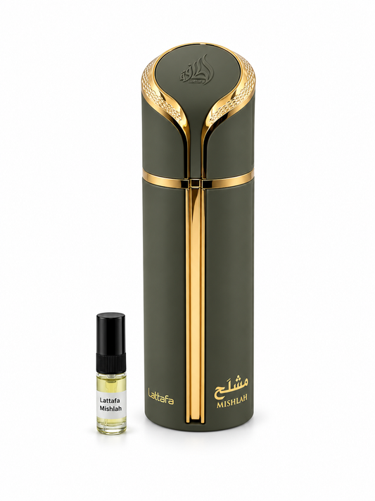 Lattafa Mishlah fragrance bottle and black-capped sample vial on white