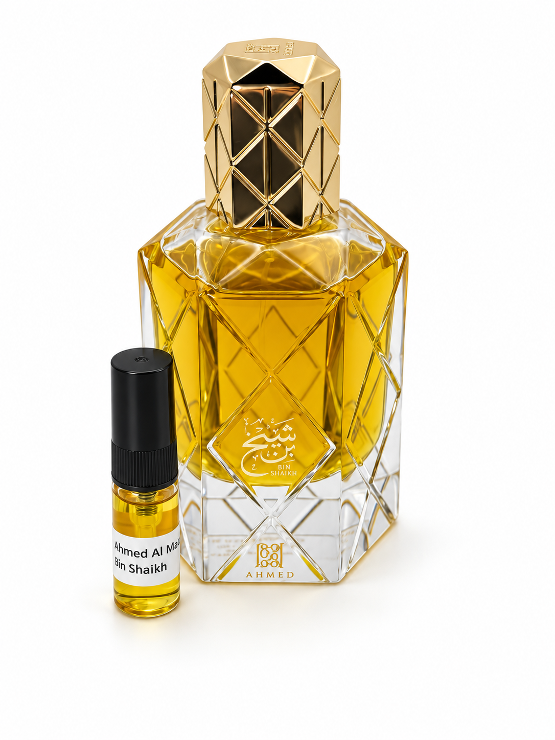 Ahmed Al Maghribi Bin Shaikh fragrance bottle and black-capped sample vial on white