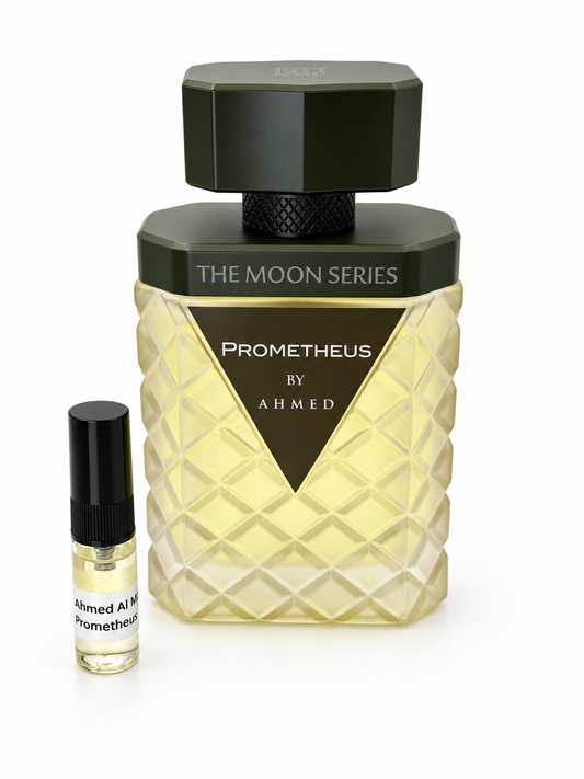 Ahmed Al Maghribi Prometheus fragrance bottle and black-capped sample vial on white