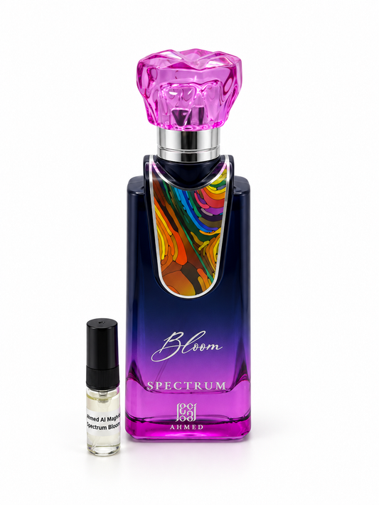 Ahmed Al Maghribi Spectrum Bloom fragrance bottle and black-capped sample vial on white