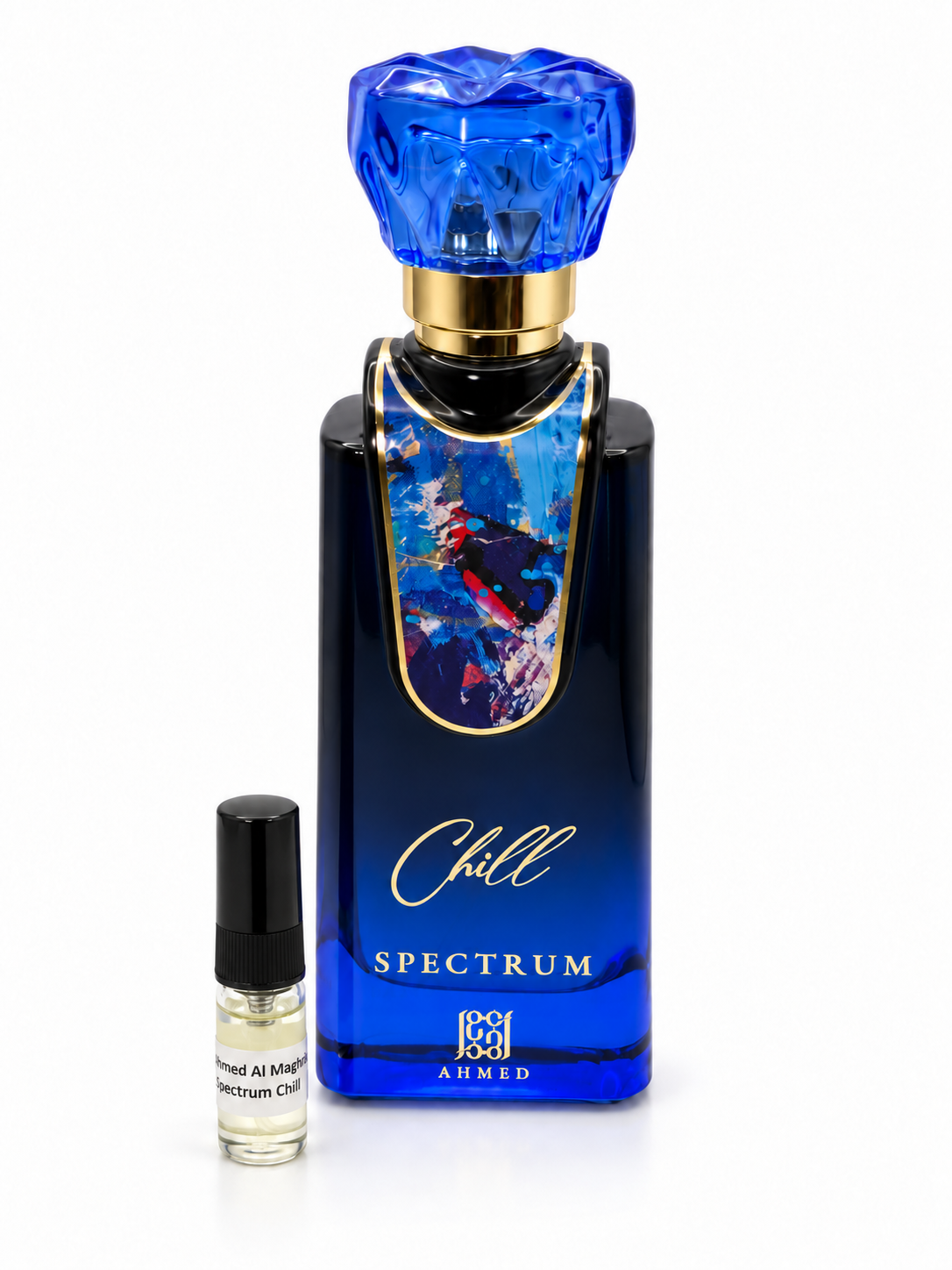 Ahmed Al Maghribi Spectrum Chill fragrance bottle and black-capped sample vial on white