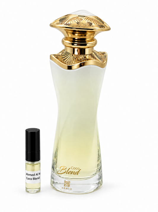 Ahmed Al Maghribi Coco Blend fragrance bottle and black-capped sample vial on white