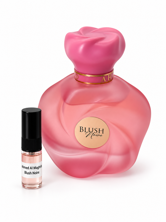 Ahmed Al Maghribi Blush Noir fragrance bottle and black-capped sample vial on white
