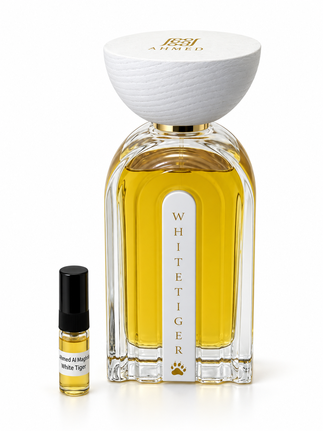 Ahmed Al Maghribi White TIger fragrance bottle and black-capped sample vial on white