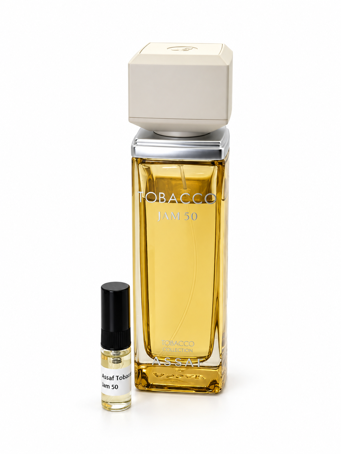 Assaf Tobacco Jam 50 fragrance bottle and black-capped sample vial on white