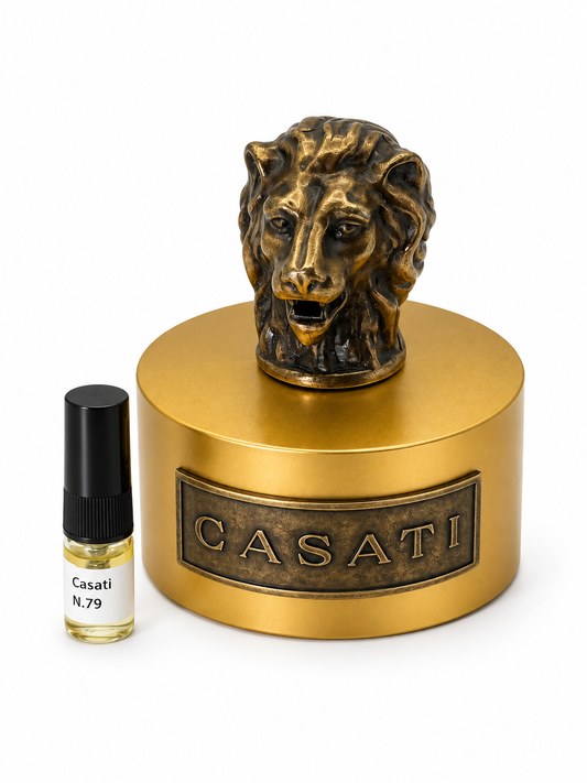 Casati N.79 fragrance bottle and black-capped sample vial on white