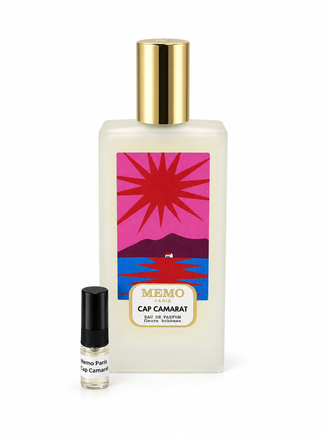 Memo Paris Cap Camarat fragrance bottle and black-capped sample vial on white