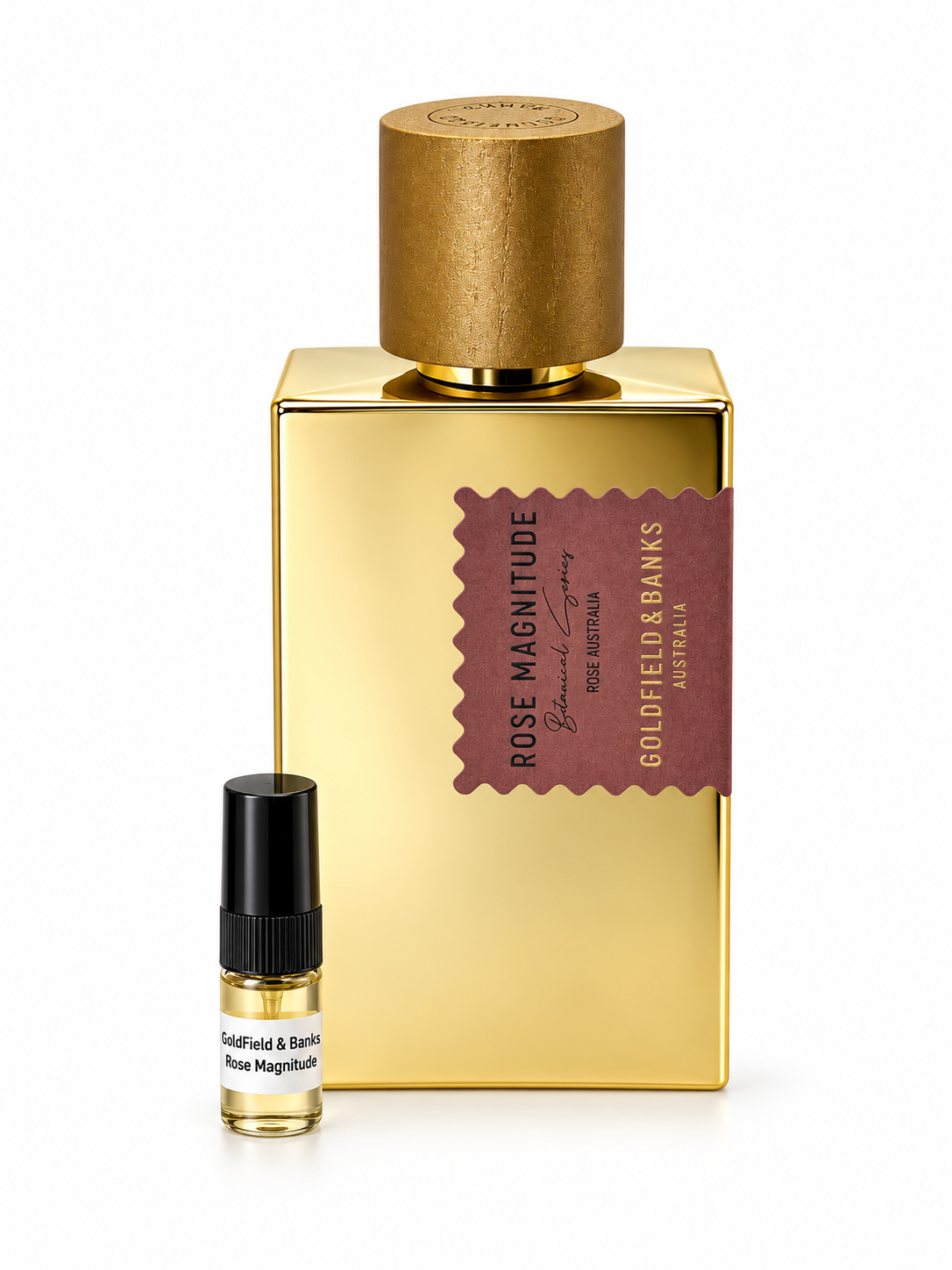 Goldfield &  Banks Rose Magnitude fragrance bottle and black-capped sample vial on white