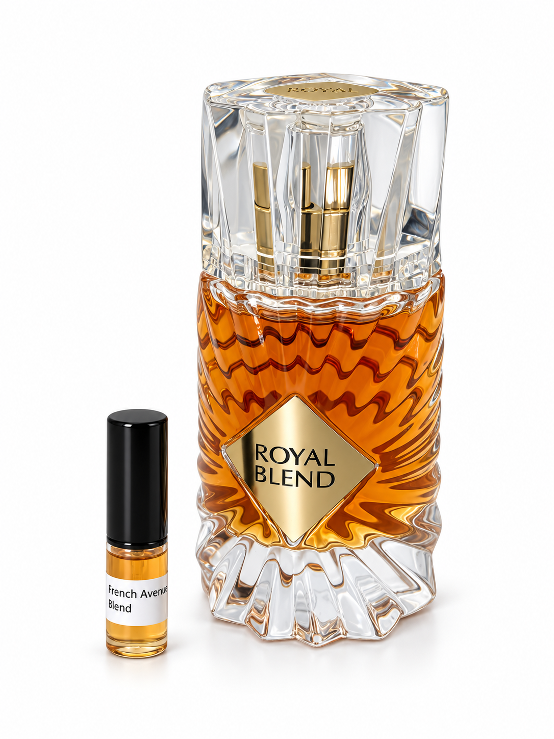French Avenue Royal Blend fragrance bottle and black-capped sample vial on white