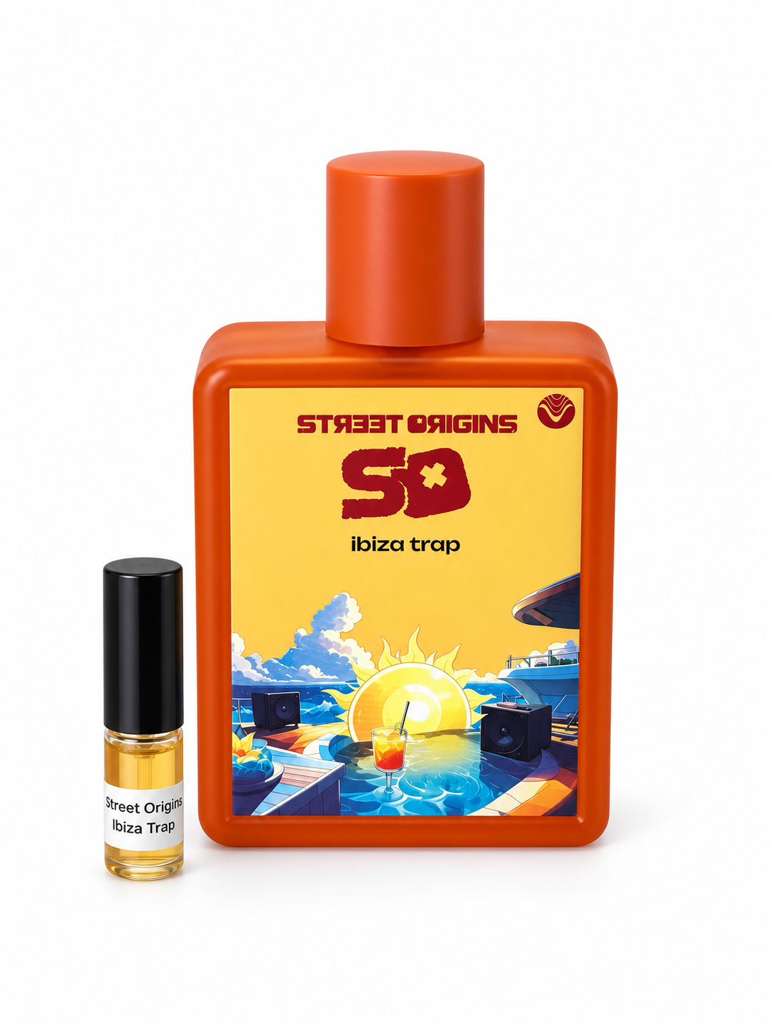 Street Origins Ibiza Trap fragrance bottle and black-capped sample vial on white
