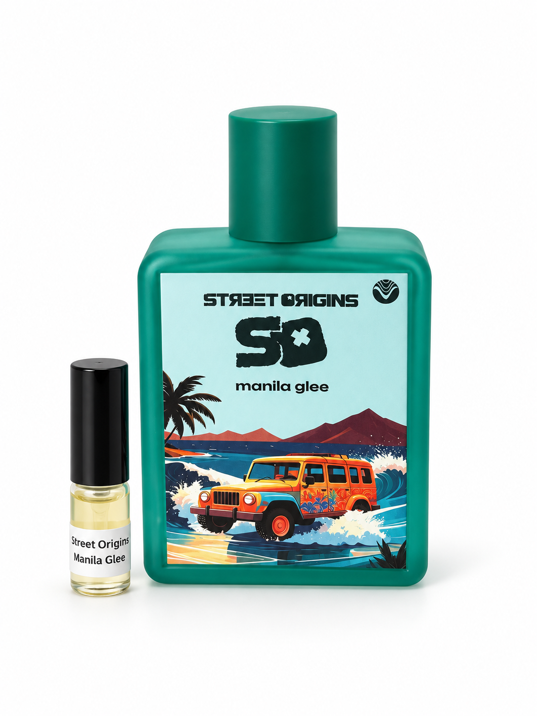 Street Origins Manila Glee fragrance bottle and black-capped sample vial on white