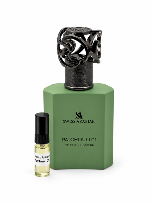 Swiss Arabian Patchouli 01 fragrance bottle and black-capped sample vial on white