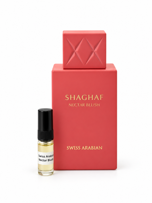 Swiss Arabian Shaghaf Nectar Blush fragrance bottle and black-capped sample vial on white