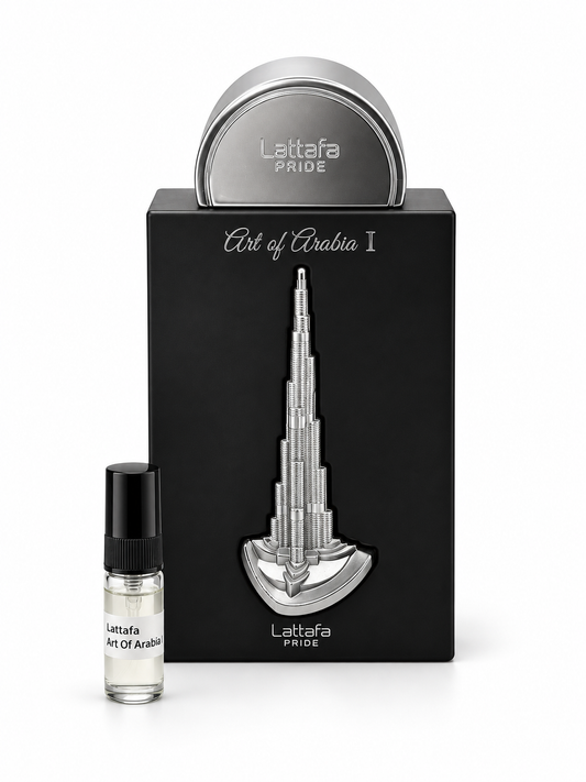 Lattafa Art Of Arabia 1 fragrance bottle and black-capped sample vial on white
