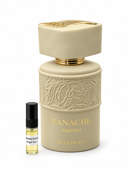 Khadlaj Panache Angel Dust fragrance bottle and black-capped sample vial on white