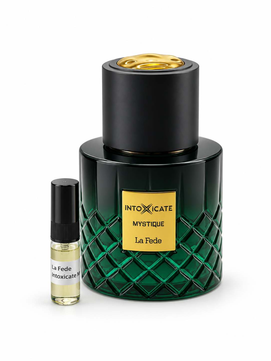 La Fede Intoxicate Mystique fragrance bottle and black-capped sample vial on white