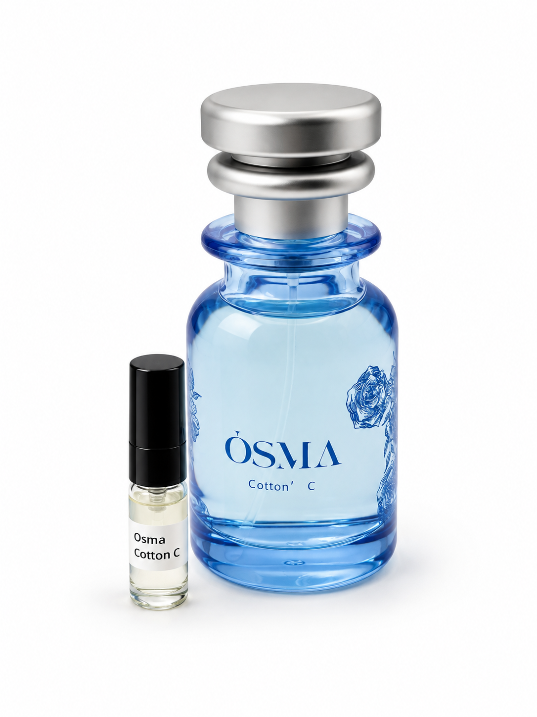 Osma Cotton C fragrance bottle and black-capped sample vial on white
