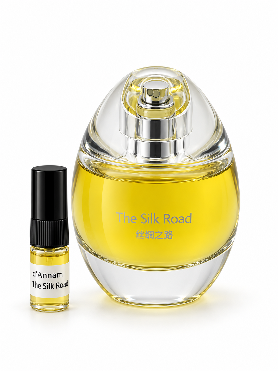 d'Annam The Silk Road fragrance bottle and black-capped sample vial on white