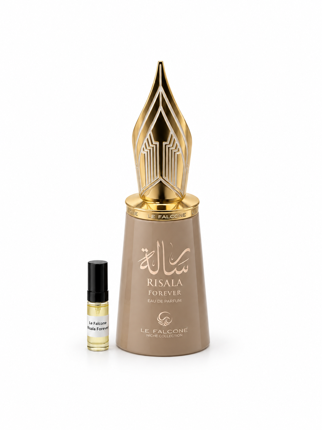 Le Falcone Risala Forever fragrance bottle and black-capped sample vial on white