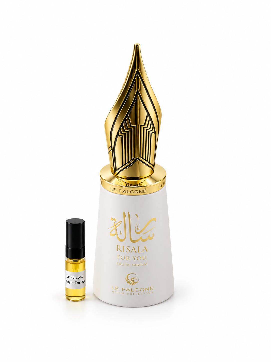 Le Falcone Risala For You fragrance bottle and black-capped sample vial on white