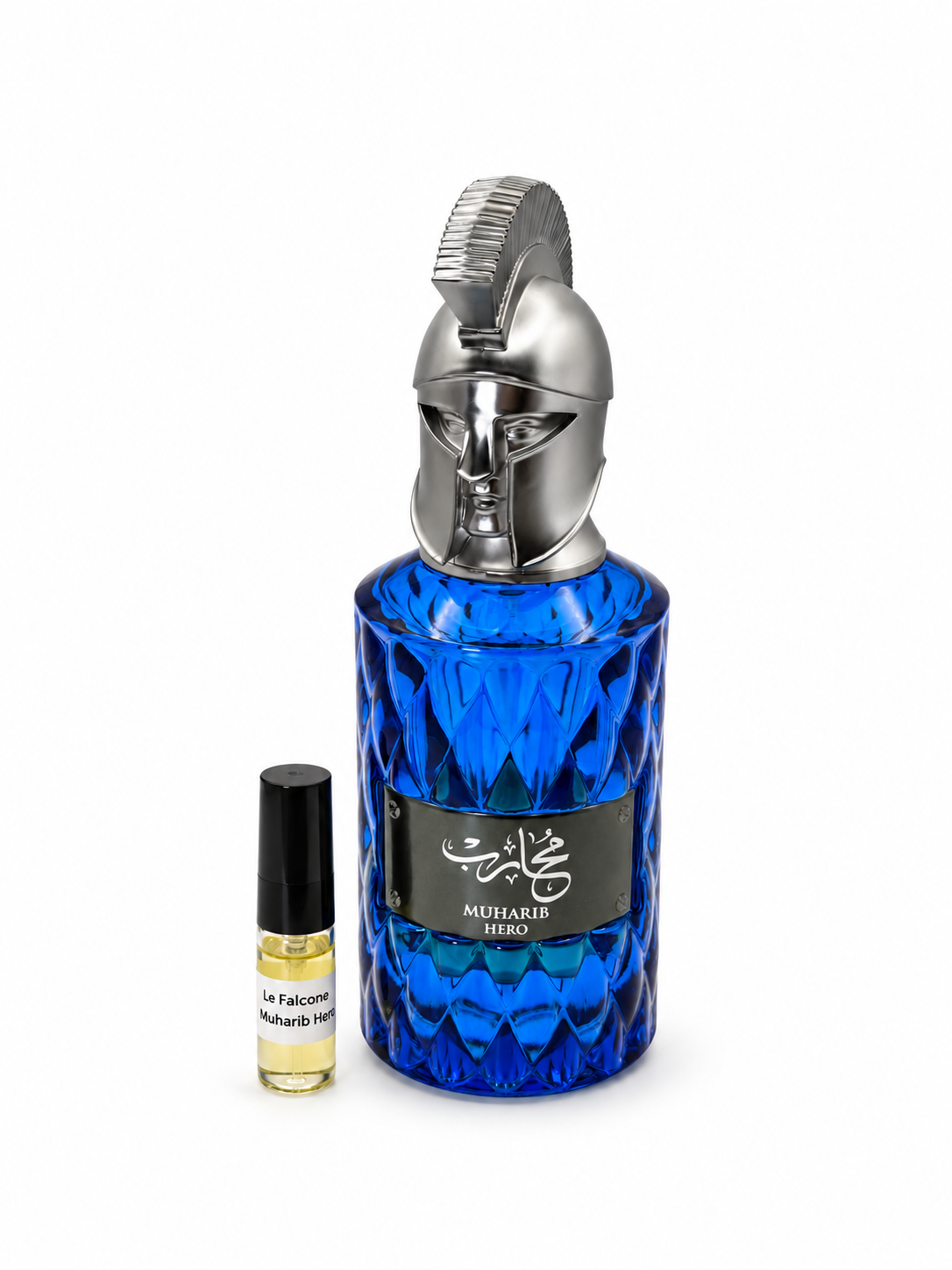 Le Falcone Muharib Hero fragrance bottle and black-capped sample vial on white