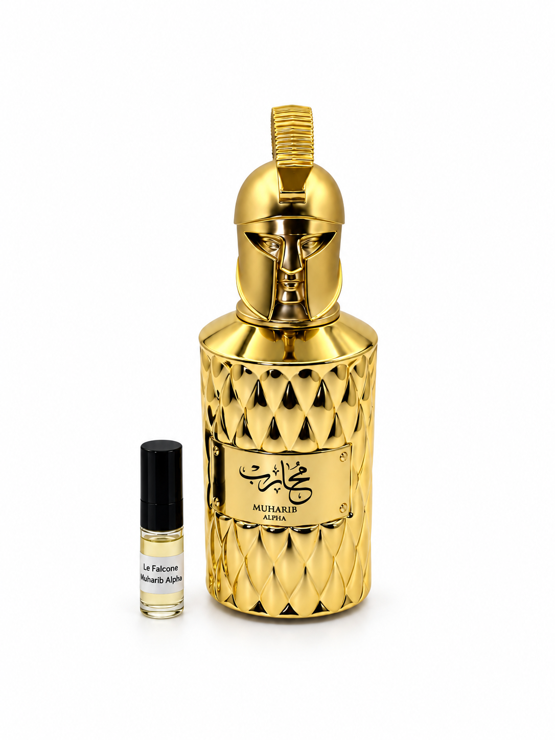 Le Falcone Muharib Alpha fragrance bottle and black-capped sample vial on white