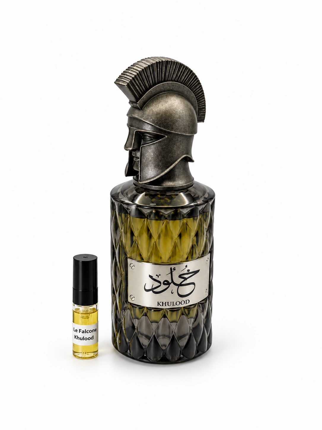 Le Falcone Muharib Khulood fragrance bottle and black-capped sample vial on white