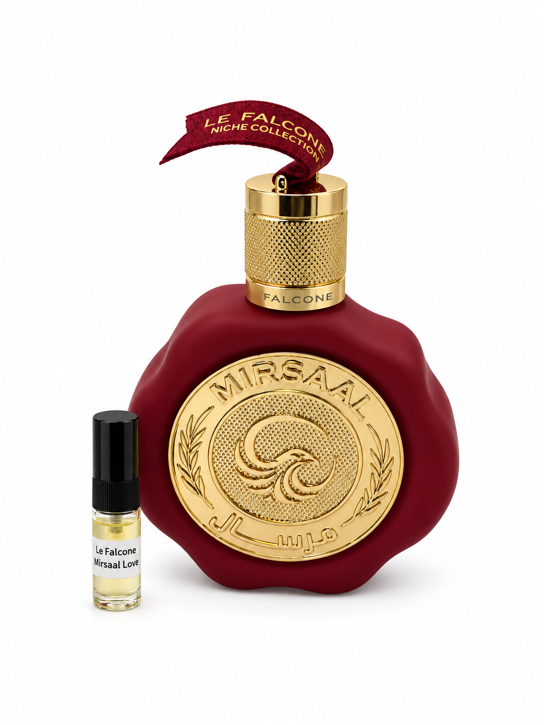 Le Falcone Mirsaal Love Letter fragrance bottle and black-capped sample vial on white
