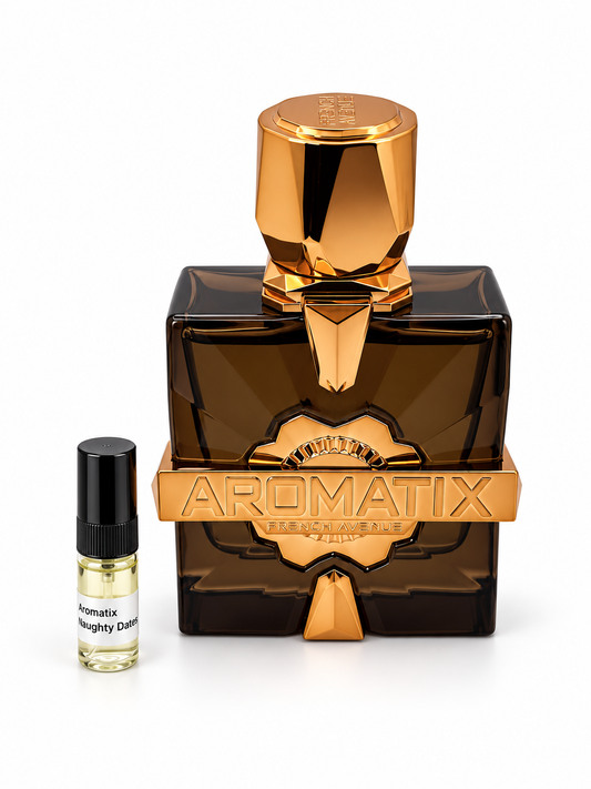 French Avenue Aromatix Naughty Dates fragrance bottle and black-capped sample vial on white