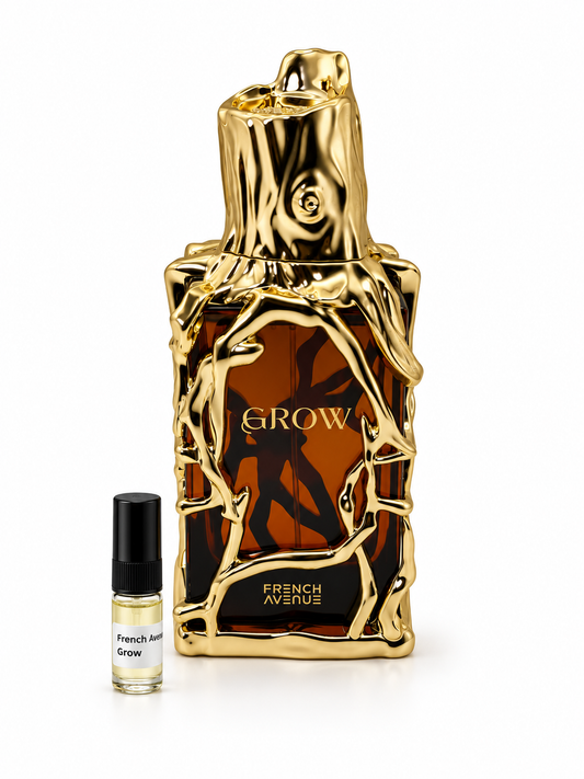 French Avenue Grow fragrance bottle and black-capped sample vial on white