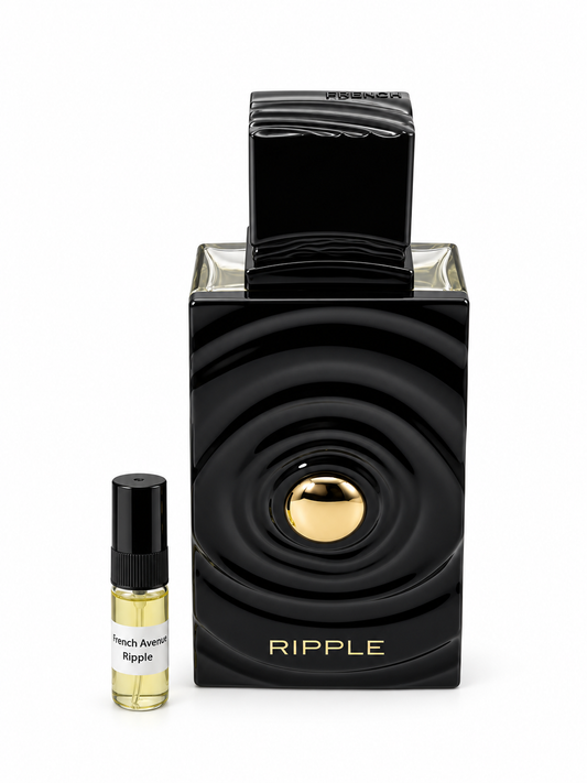 French Avenue Ripple fragrance bottle and black-capped sample vial on white