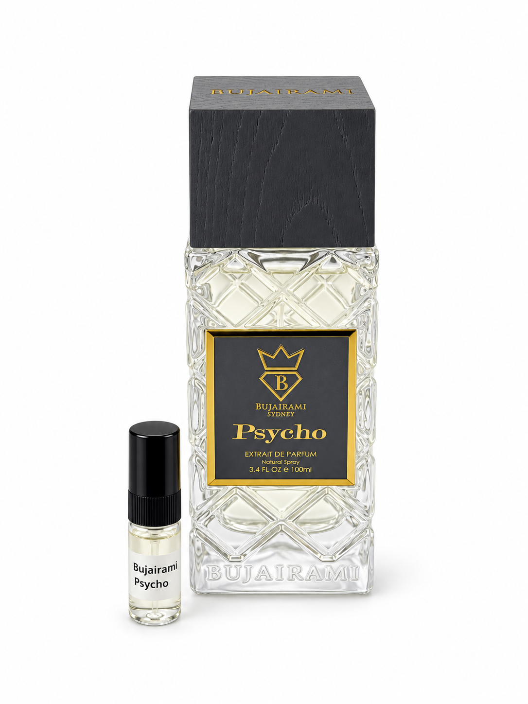 Bujairami Psycho fragrance bottle and black-capped sample vial on white