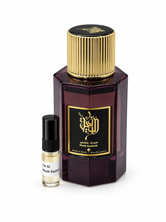 Ibrahim Al Qurashi Musk Kashmir fragrance bottle and black-capped sample vial on white