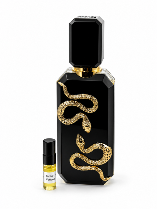 French Avenue Veneno fragrance bottle and black-capped sample vial on white