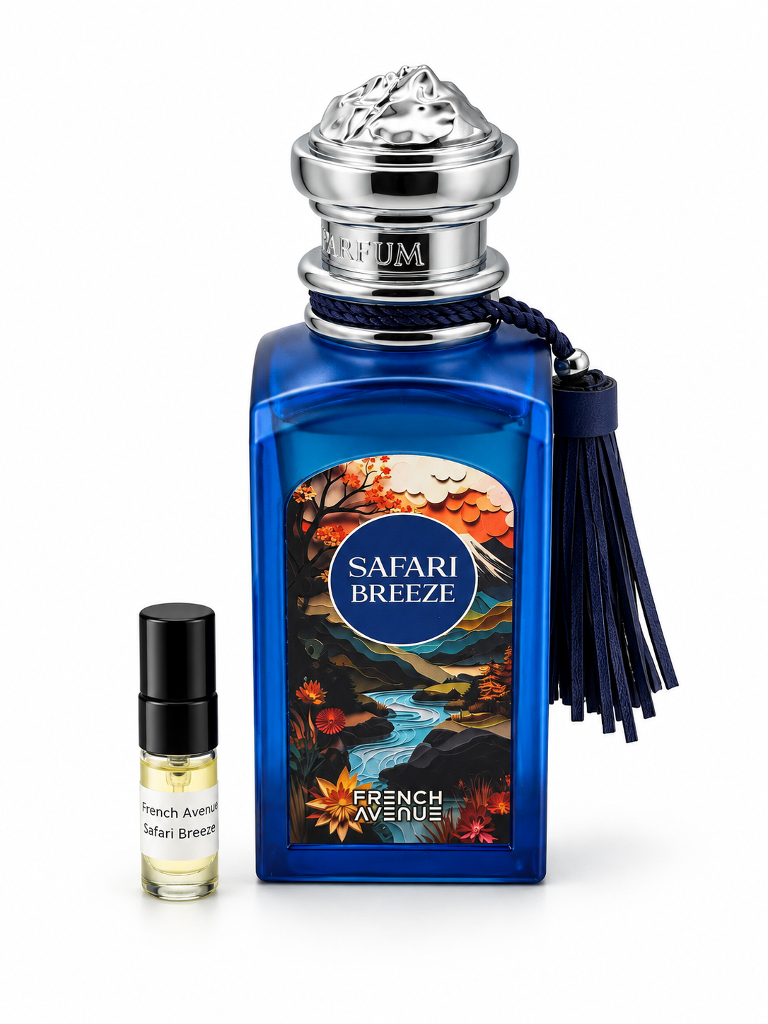 French Avenue Safari Breeze fragrance bottle and black-capped sample vial on white