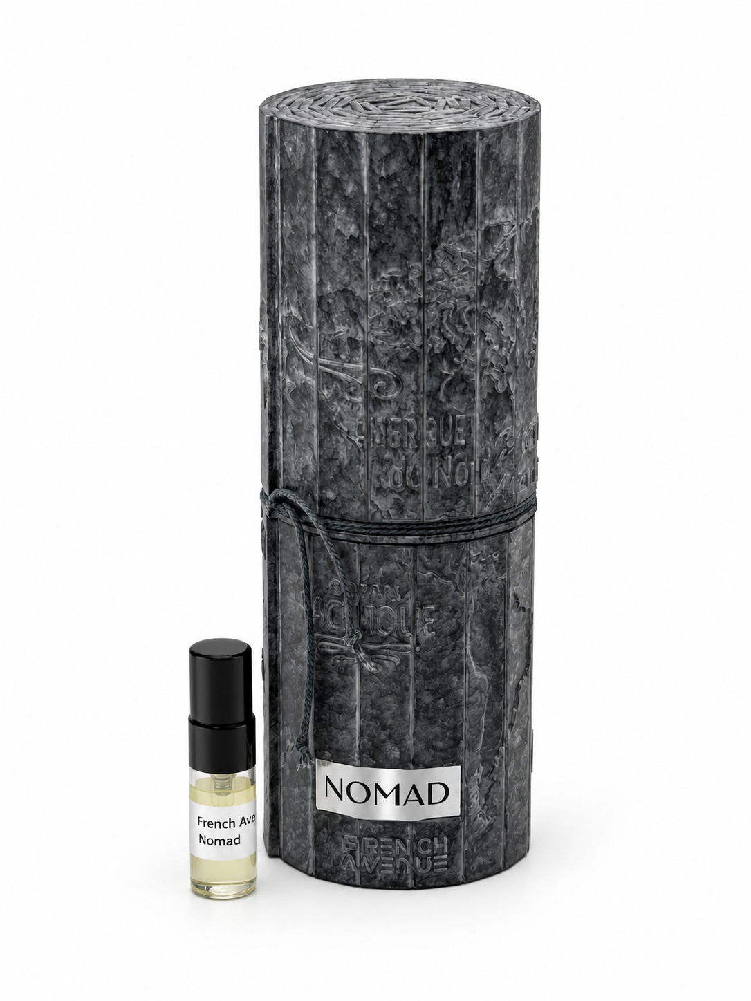 French Avenue Nomad fragrance bottle and black-capped sample vial on white