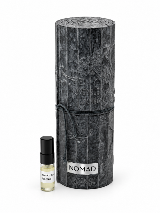 French Avenue Nomad fragrance bottle and black-capped sample vial on white