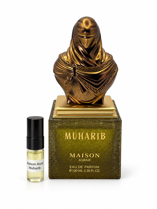 Maison Asrar Muharib fragrance bottle and black-capped sample vial on white