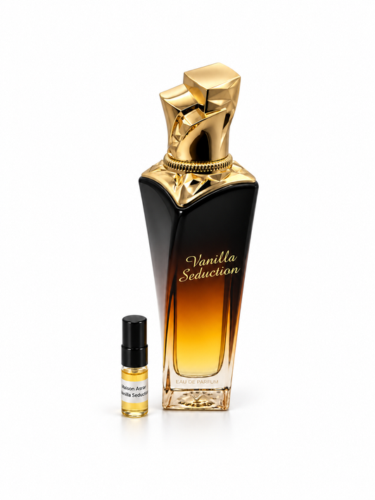 Maison Asrar Vanilla Seduction fragrance bottle and black-capped sample vial on white