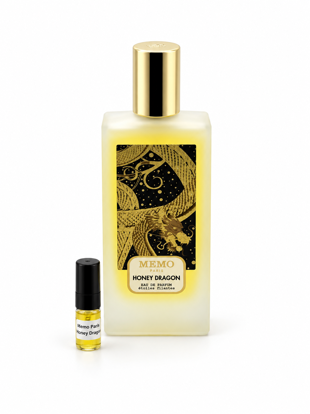 Memo Paris Honey Dragon fragrance bottle and black-capped sample vial on white