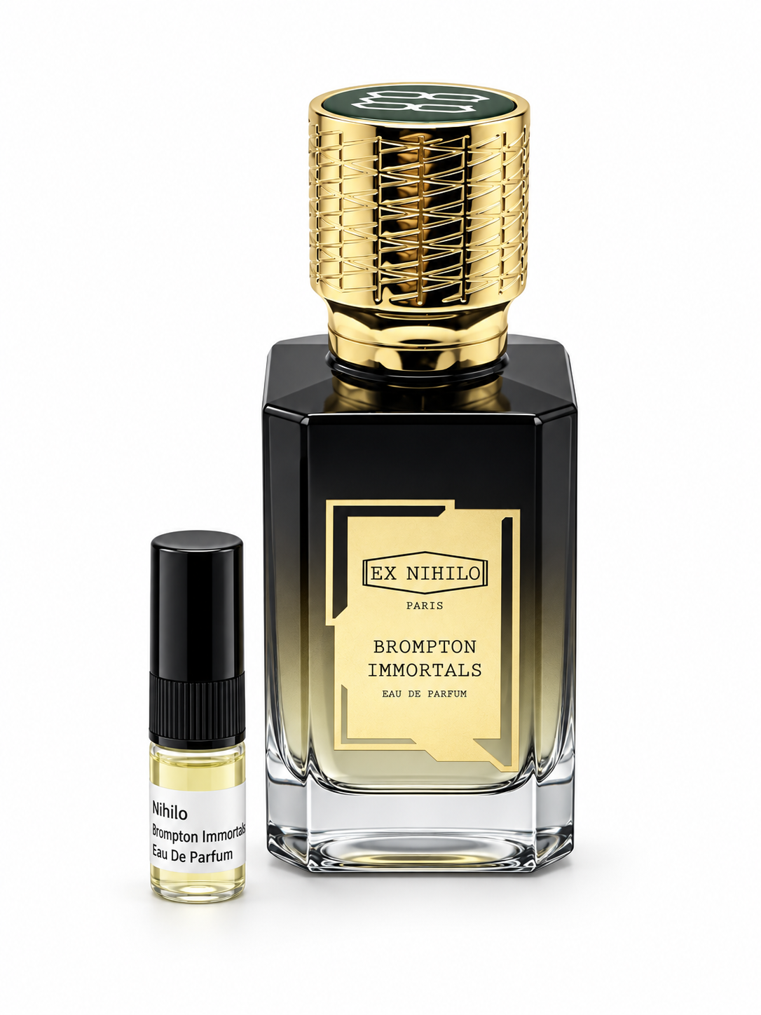 Ex Nihilo Brompton Immortals Eau De Parfum fragrance bottle and black-capped sample vial on white
