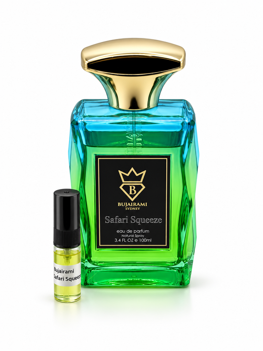 Bujairami Safari Squeeze fragrance bottle and black-capped sample vial on white
