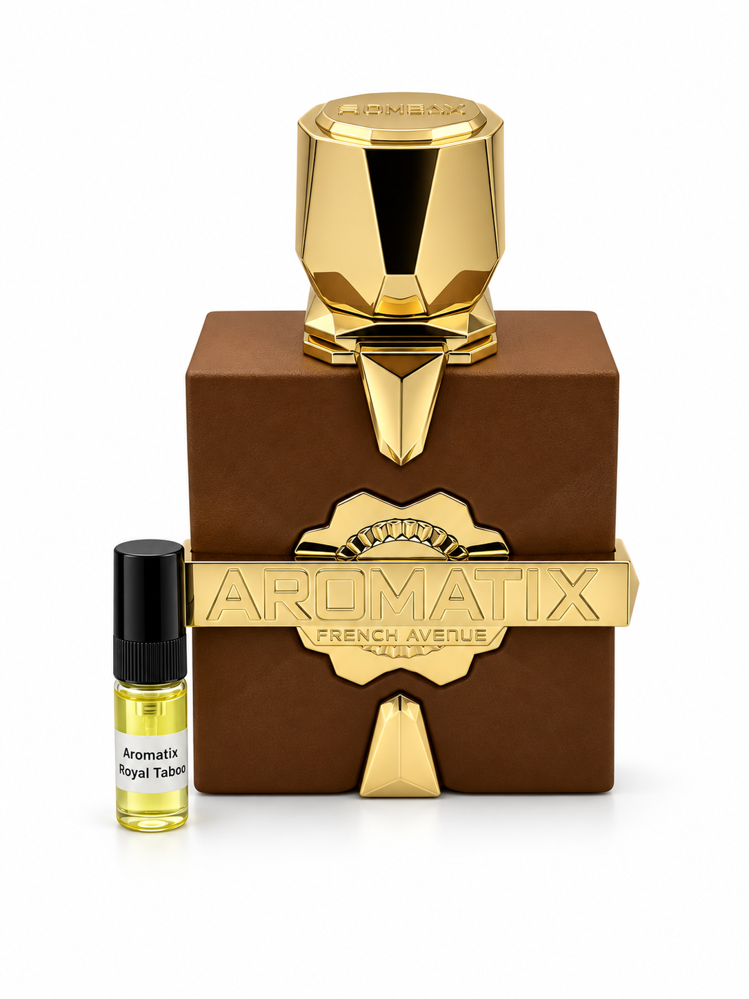French Avenue Aromatix Royal Taboo fragrance bottle and black-capped sample vial on white